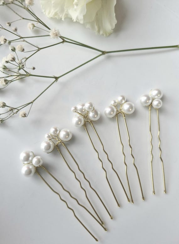 Bridal High Quality Glass Pearl Hair Pins Set of 5 Wedding  display picture 3