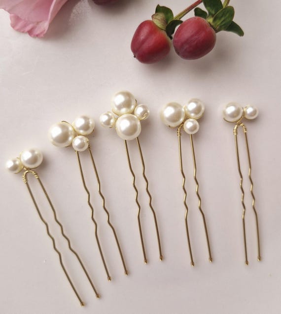 Set of 5 Silver & Glass Hair Pins Bridal High Quality Glass Pearl Hair Pins Set of 5 Wedding  main image 2