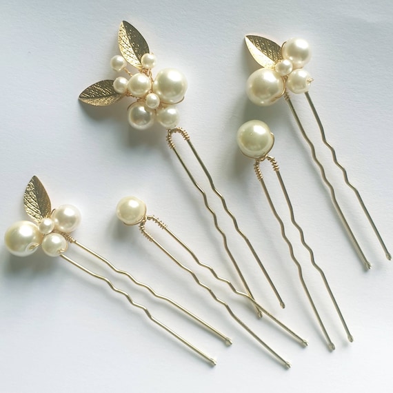 Bridal hair, Set of pearl bridal wedding hair pins with high quality  glass pearls and a golden Hair Special