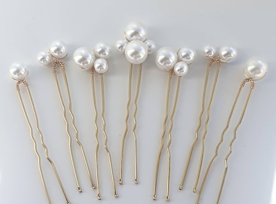 Bridal High Quality Glass Pearl Hair Pins Set of 7 Wedding Hair Pins Pearls  Hair Piece Silver or Gold Hairpin. 