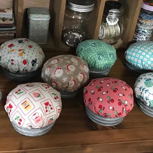 Pin cushion, ball jar lids , Lori Holt cookbook fabric