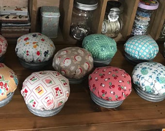 Pin cushion, ball jar lids , Lori Holt cookbook fabric