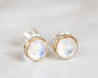 Moonstone 14K Studs, Rainbow Moonstone 14K Gold & Silver Earrings, Rose Cut Moonstone Studs, AAA Rainbow Moonstone 6mm Studs, Bezel Set Stud