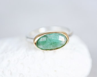 Emerald Ring, Emerald 10K Gold & Silver Ring, Rose Cut Emerald Ring, Green Emerald Ring Made to Order