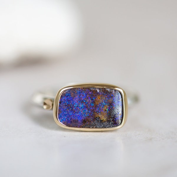 Boulder Opal Ring, Australian Opal Gold & Silver Ring, 10K Gold Opal Ring, Purple Blue Opal, Solid Australian Boulder Opal Mermaid Ring