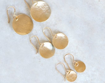 Gold Disc Earrings, Round Circle Brass Earrings, Hammered Disc Brass Dangles, Organic Disc Earrings, Gold Satin & Brushed Brass Earrings