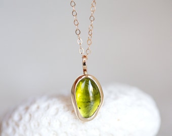 Peridot Pendant, 10K Gold Peridot Necklace, Gold and Silver Peridot Pendant, Green Peridot Necklace, Free Form Peridot Cabochon Pendant