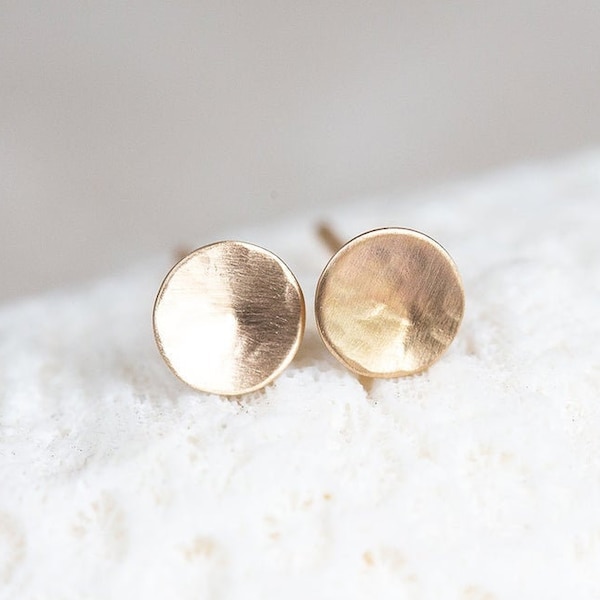 14K Gold Stud Earrings, 14K Hammered Round Studs, Yellow Gold Disc Earrings, Ultra Thin, Round, Organic 14K Gold Studs in 3mm, 4.8mm, & 6mm
