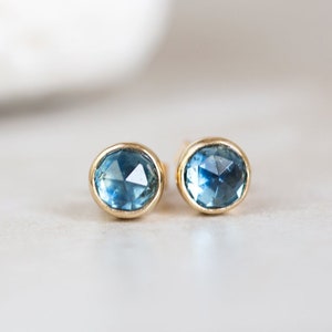 Montana Sapphire Earrings, 14K Gold Sapphire Studs, Rose Cut Montana Sapphire Studs, Montana Blue Sapphire 4mm Round Stud Earrings