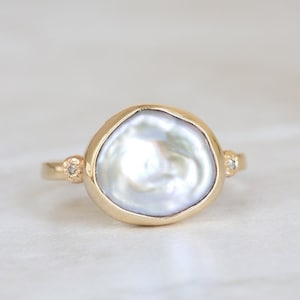 Pearl Ring, 14K Gold Keshi Pearl Ring, Pearl and Diamond Ring, AAA Keshi Pearl Ring, Gray, Baroque Pearl, Freshwater Pearl and Diamond Ring