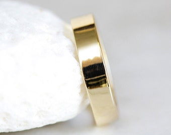 May include: A simple gold wedding band with a polished finish.
