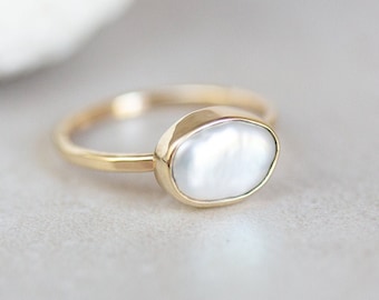 Pearl Ring, 10K Gold Pearl Ring, Keshi Pearl Ring, Yellow Gold Pearl Ring, High Luster AAA Pearl Ring, Freshwater Pearl Silver Ring