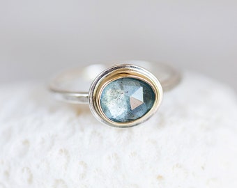 Aquamarine Ring, Moss Aquamarine Ring, Aquamarine 18K Gold & Silver Ring, Rose Cut Aquamarine Ring, Dark Blue Moss Aquamarine Stacking Ring