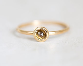 Rose Cut Diamond Ring, Champagne Diamond Ring, 14K Solid Gold Diamond Ring, Gold, Brown, Round, Solitaire Natural Diamond Ring,