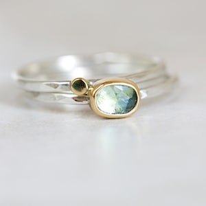 Ensemble de bague saphir, 18K Gold & Silver Sapphire Ring, Parti Sapphire Stacking Ring Set, Rose Cut Green Sapphire Ring, Mermaid Rings