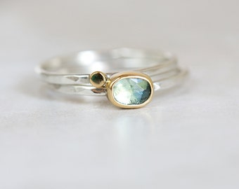 Sapphire Ring Set, 18K Gold & Silver Sapphire Ring, Parti Sapphire Stacking Ring Set, Rose Cut Green Sapphire Ring, Mermaid Rings