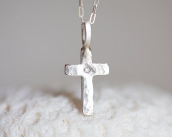 Silver Diamond Cross, Small Cross Pendant, Hammered Silver Cross, Christian, Religious Gift Necklace, White Diamond Cross Pendant