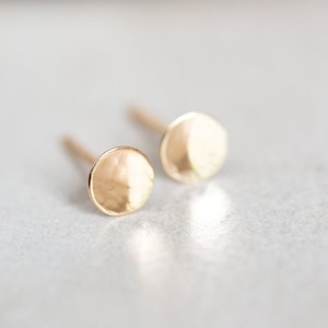 14K Gold Stud Earrings, 14K Hammered Round Studs, Yellow Gold Disc Earrings, Ultra Thin, Round, Organic 14K Gold Studs in 3mm, 4.8mm, & 6mm image 5