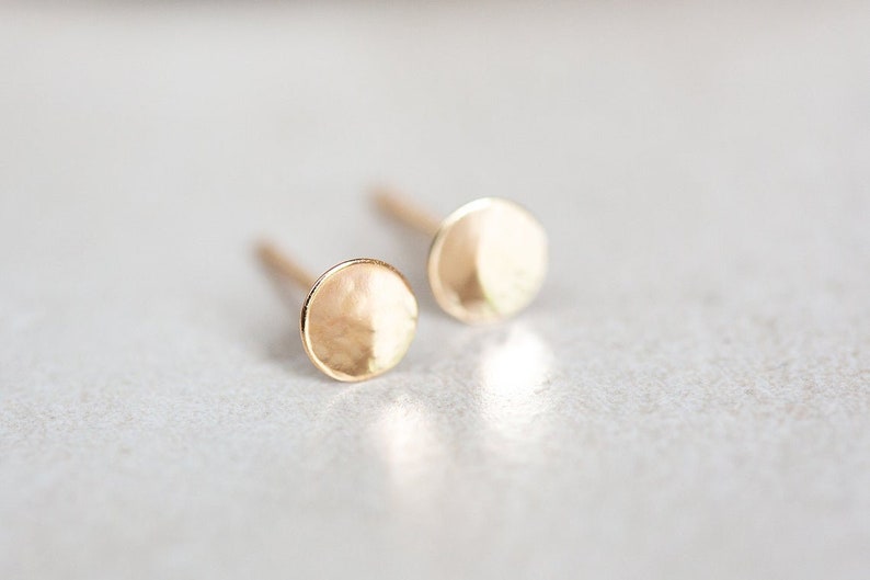14K Gold Stud Earrings, 14K Hammered Round Studs, Yellow Gold Disc Earrings, Ultra Thin, Round, Organic 14K Gold Studs in 3mm, 4.8mm, & 6mm image 5