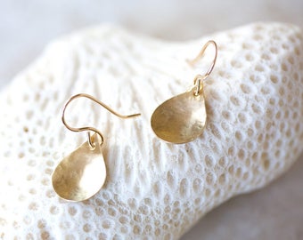 Gold Earrings, Hammered Brass Earrings, Organic Gold Teardrop Earrings, Gold Dangle Earrings, Brass Leaf Earrings, Petal Earrings