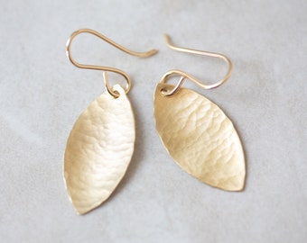 Gold Leaf Earrings, Gold Marquise Earrings, Hammered Brass Earrings, Organic Leaf Earrings, Gold & Brushed Satin Earrings, Gold Leaf Dangles