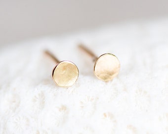 14K Gold Small Studs, 14K Solid Gold Small Round Earrings, Organic Stud Earrings, Gold Dot Studs, Hammered Circle Studs, 3mm Gold Earrings