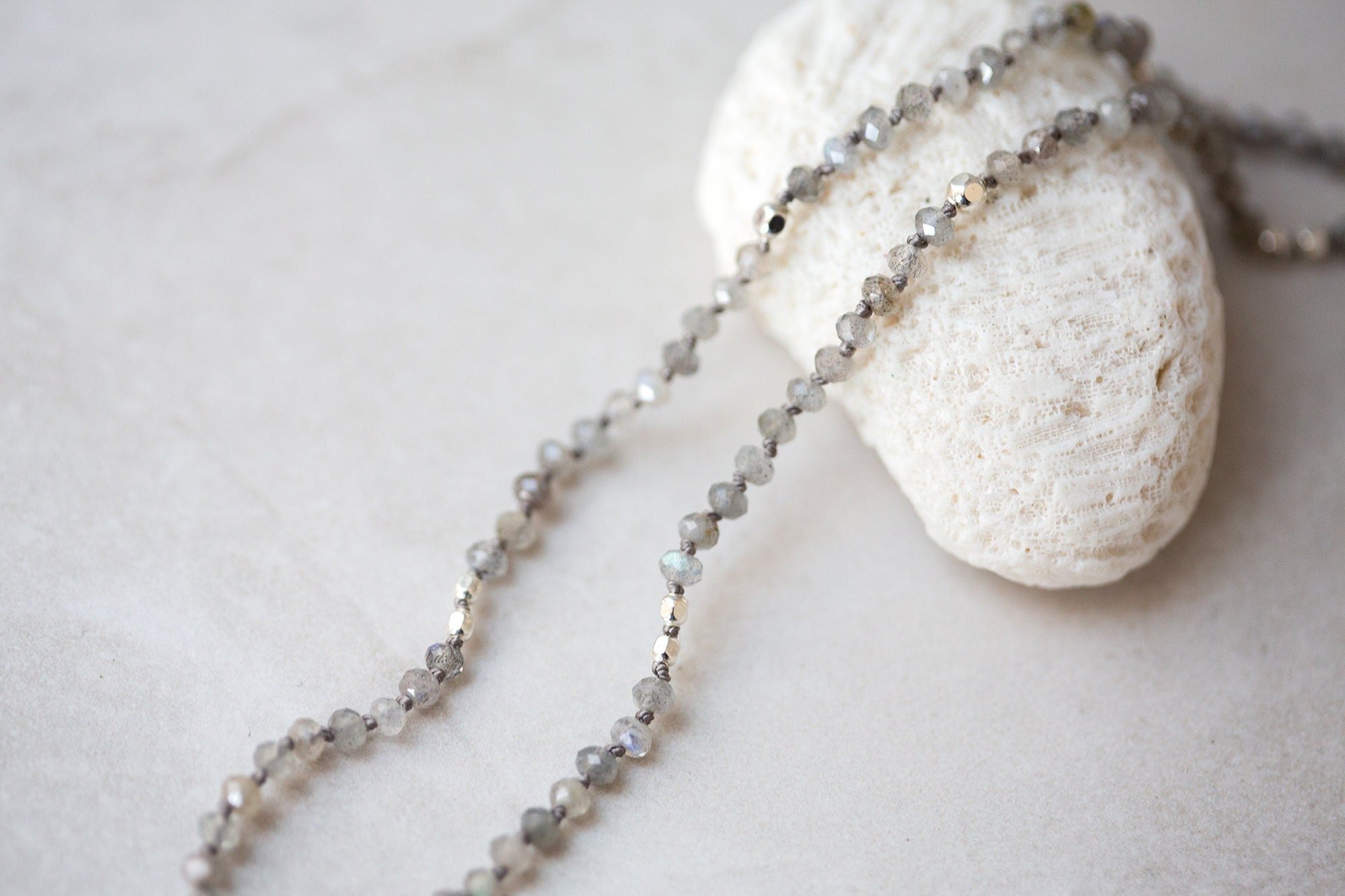 Labradorite Bead Necklace, Faceted Labradorite Silk Necklace