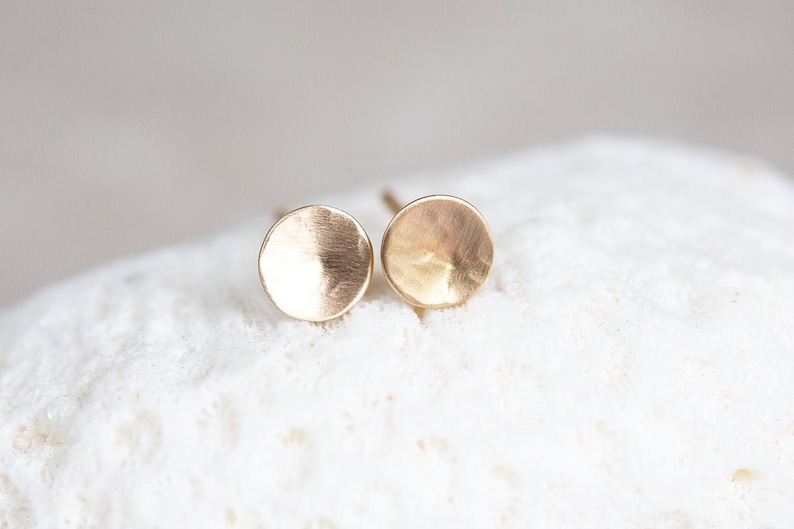14K Gold Stud Earrings, 14K Hammered Round Studs, Yellow Gold Disc Earrings, Ultra Thin, Round, Organic 14K Gold Studs in 3mm, 4.8mm, & 6mm image 1