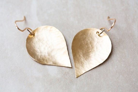Gold Leaf Earrings, Hammered Brass Earrings, Organic Leaf Earrings, Gold & Brushed Satin Earrings, Gold Leaf Dangles