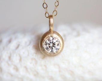 Moissanite Pendant, 14K Gold Moissanite Solitaire Pendant, Diamond Pendant, Gold Diamond Drop Pendant, 5mm Moissanite in Solid 14K Gold