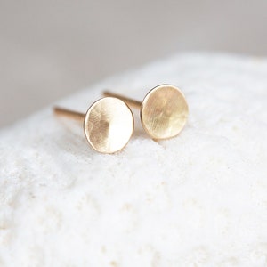 14K Gold Stud Earrings, 14K Hammered Round Studs, Yellow Gold Disc Earrings, Ultra Thin, Round, Organic 14K Gold Studs in 3mm, 4.8mm, & 6mm image 3