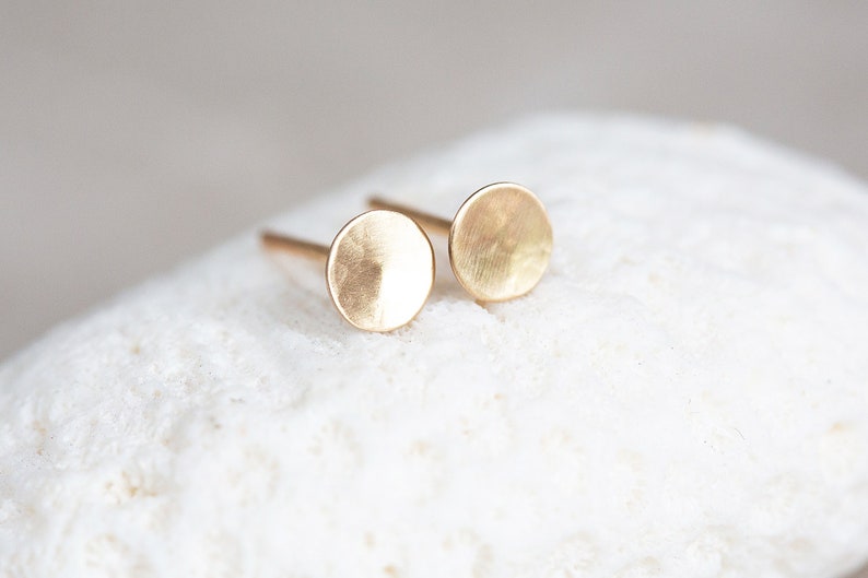 14K Gold Stud Earrings, 14K Hammered Round Studs, Yellow Gold Disc Earrings, Ultra Thin, Round, Organic 14K Gold Studs in 3mm, 4.8mm, & 6mm image 3