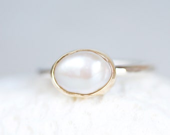 White Pearl Ring, Keshi Pearl Ring, Freshwater Pearl Ring, 10K Gold & Silver Pearl Ring, High Luster AAA Pearl Ring, Baroque Pearl Ring