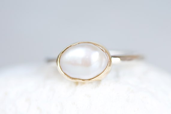 White Pearl Ring, Keshi Pearl Ring, Freshwater Pearl Ring, 10K Gold & Silver Pearl Ring, High Luster AAA Pearl Ring, Baroque Pearl Ring