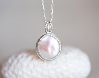 Pearl Pendant, Silver Pearl Necklace, Freshwater AAA Pearl Pendant, White Pearl Pendant, Mermaid Pearl Pendant, Pink Pearl Pendant