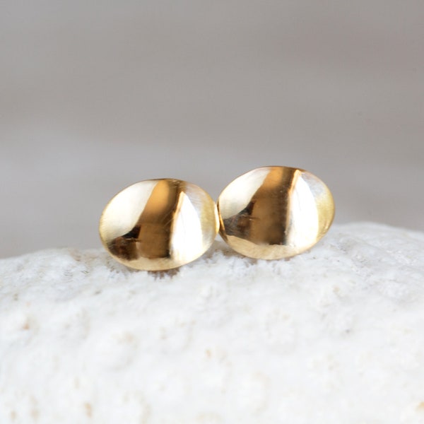 14K Gold Oval Studs, Gold Oval Earrings, Oval Domed Studs, Oval Pebble Studs, Brushed Gold Studs, Gold Satin Studs, Gold Minimalist Studs