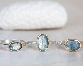 Aquamarine Ring, Moss Aquamarine Gold Ring, Rose Cut Aquamarine 14K Gold and Silver Ring, Mermaid Ring, Mermaid Jewel, Oval Aquamarine Ring