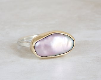 Pink Pearl Ring, Keshi Pearl Ring, Pink Gray Pearl Gold and Silver Ring, Baroque Pearl Ring, Freshwater Pearl Ring, Grey Pink Pearl