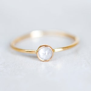 Rose Cut Diamond Ring, 14K Yellow Gold, Round, White Opaque Diamond Ring, Rustic Diamond Engagement Ring, White Diamond Solitaire Ring