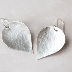 Silver Leaf Earrings, Hammered Silver Earrings, Organic Leaf Earrings, Sterling Silver & Brushed Satin Earrings, Pear Shape Silver Dangles