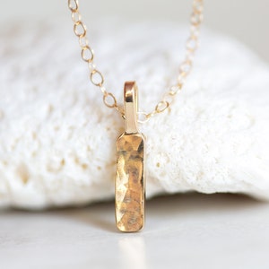 14K Gold Pendant, Gold Bar Pendant, Solid Gold Hammered Bar Pendant, Gold Rectangle Pendant, Small Gold Bar Pendant, Gold Layering Necklace