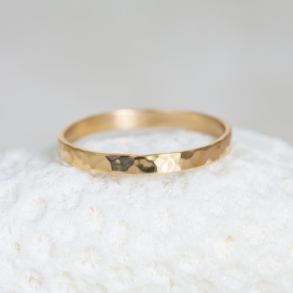 Gold Hammered Band, 2mm Gold Ring, 10K, 14K, 18K Yellow Gold Band, Solid Gold Hammered Band, Hammered Wedding Band, Everyday Gold Band