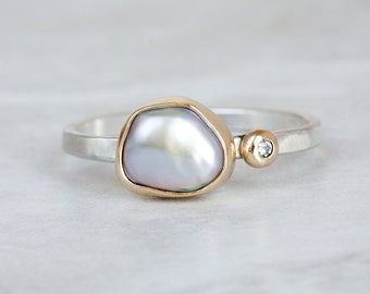 Pearl Ring, Keshi Pearl Ring, 10K Gold and Silver Pearl Ring, Pearl and Diamond Ring, Baroque Pearl Ring, Freshwater Pearl Ring