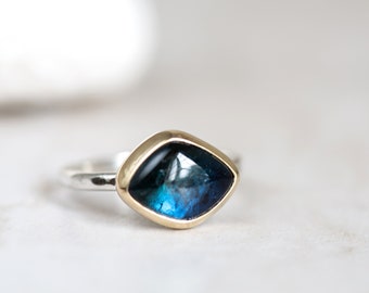Tourmaline Ring, Blue Indicolite Tourmaline Ring, 10K Gold & Silver Tourmaline Ring, Blue Tourmaline, Mermaid Ring, Indigo Tourmaline Ring