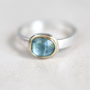Aquamarine Ring, Moss Aquamarine Ring, 18K Gold Aquamarine Ring, Rose Cut Aquamarine Silver & Gold Ring Made in Your Size