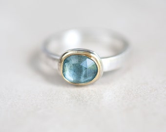 Aquamarin Ring, Moos Aquamarin Ring, 18K Gold Aquamarin Ring, Rose Cut Aquamarin Silber & Goldring in Ihrer Größe hergestellt