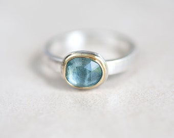 Aquamarine Ring, Moss Aquamarine Ring, 18K Gold Aquamarine Ring, Rose Cut Aquamarine Silver & Gold Ring Made in Your Size