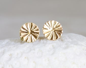 14K Gold Sun Studs, 14K Solid Gold Round Disc Earrings, Sunray