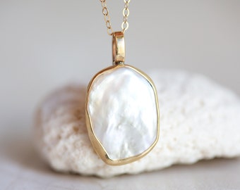 Pearl Pendant, AAA Keshi Pearl Pendant, 14K Gold Pearl Pendant and Necklace, White, Baroque, Freshwater Pearl, Gold Pearl Mermaid Pendant