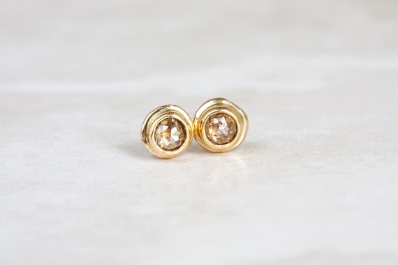Diamond Studs Champagne Diamond Earrings 14K and 18K Gold Diamond Studs Brown Diamond Studs Rose Cut Diamond Earrings Bezel Set Studs Etsy